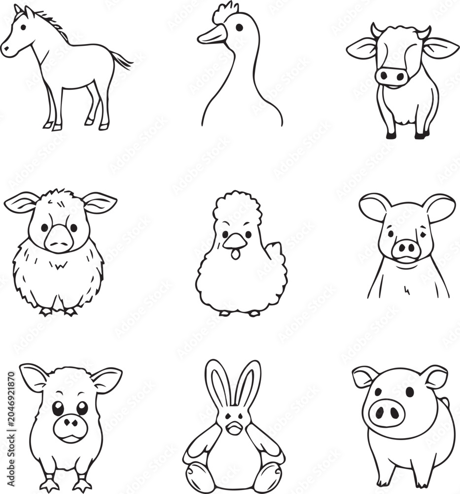 Fototapeta premium Animals Line Icons Set with Horse, Chicken, Cow, Dog, Lamb, Goat, Bear, and Pig Faces in Doodle Style
