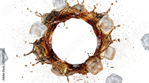 Ring of cola splash with ice cubes on transparent background, refreshing soft drink with ice.