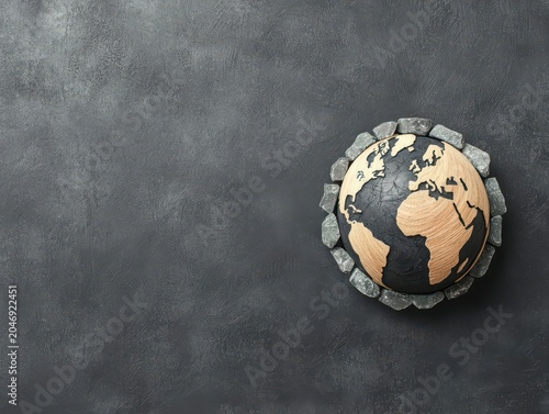 Conceptual Earth made from natural textures like wood, stone, and recycled metals