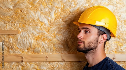 Architect inspecting wall insulation made from sheep wool and recycled textiles