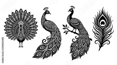 Intricate mandala style peacock vector logo collection, featuring detailed black silhouette bird elements and beautiful feather isolated on white background for elegant design.
