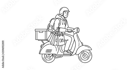 Photos Delivery Man Riding Scooter with Shopping Bags and Backpack