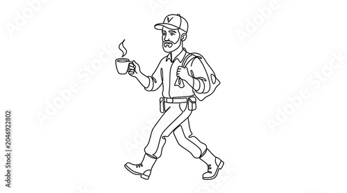 Foto Delivery Man Walking with Coffee Cup and Bag, Line Art Illustration