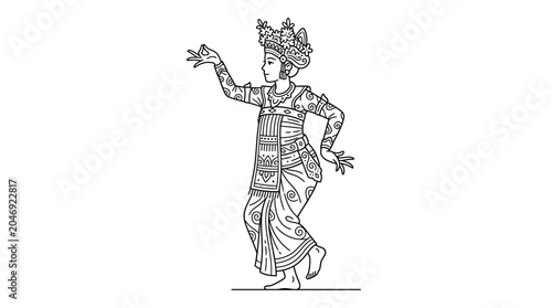 Foto Balinese dancer in traditional costume, elegant pose, line art illustration