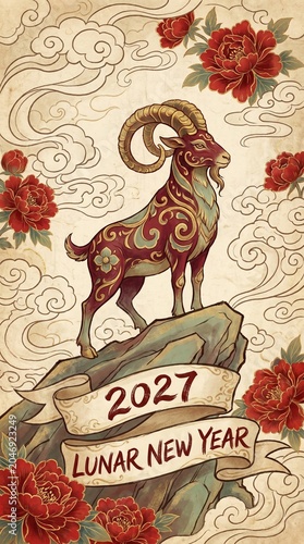 Year of the Goat 2027, Cute Lunar Goat Celebration, Chinese Zodiac Goat 2027, Celebratory Lunar New Year Illustration for 2027