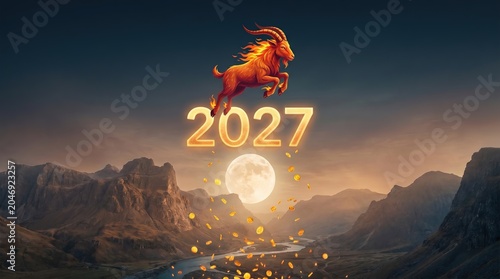 Year of the Goat 2027, Cute Lunar Goat Celebration, Chinese Zodiac Goat 2027, Vibrant Celebration for the Chinese New Year 2027