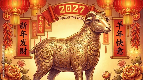 Year of the Goat 2027, Cute Lunar Goat Celebration, Chinese Zodiac Goat 2027, Golden Goat Illustration for 2027 Lunar New Year