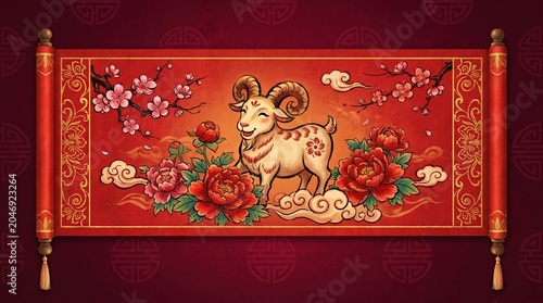 Year of the Goat 2027, Cute Lunar Goat Celebration, Chinese Zodiac Goat 2027, Cheerful Goat Illustration in Vibrant Style