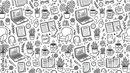 Monochrome Doodle Style Seamless Pattern Featuring Tech Gadgets and Office Essentials.