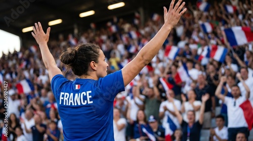 A jubilant athlete raises her arms in victory, celebrating a triumphant moment with a roaring crowd waving national flags at an exhilarating sports event