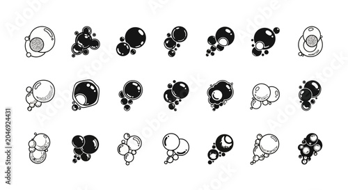 Abstract set of black and white bubble illustrations, isolated