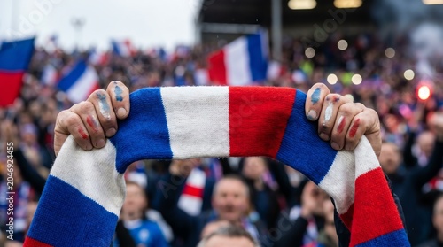 Passionate sports fan proudly displaying a red, white, and blue scarf with painted hands amidst a cheering stadium crowd, embodying unity and excitement