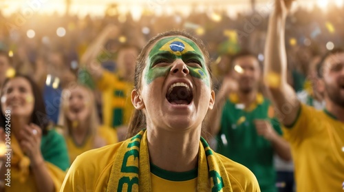 Ecstatic Brazilian fan screams in jubilation while cheering for her team at a sporting event, painted face and confetti in the air