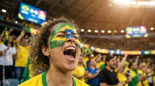 Brazilian soccer fan passionately cheers her team on during an exciting match in a crowded stadium, face painted with national colors