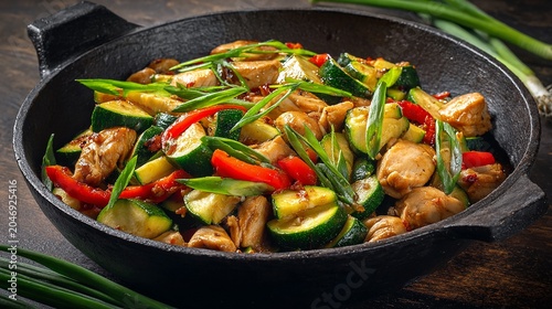 Delicious Stir Fry with Chicken, Zucchini, Red Peppers, and Green Onions