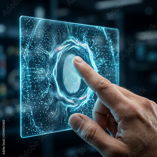 A human hand touching a translucent digital membrane suspended in air, 