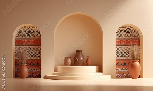 Traditional Puebloan Styled Hall: Minimalist Rustic Room with Indigenous Tribal Engravings and Textured Plaster