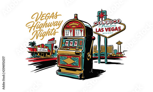Vintage retro Las Vegas slot machine and iconic welcome sign, mid-century graphic illustration for apparel design and travel souvenirs