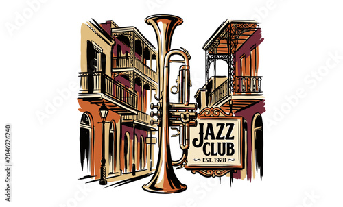 Vintage New Orleans trumpet with French Quarter balconies and Jazz Club sign, retro graphic illustration for music festival posters and bar branding.