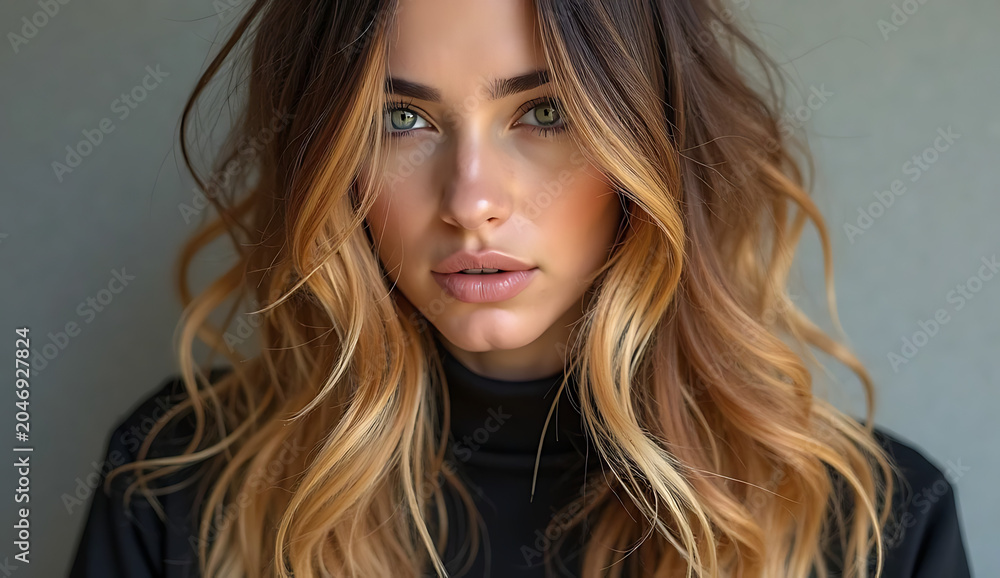 Fototapeta premium Portrait of young woman with long wavy blonde hair in casual black sweater against neutral background
