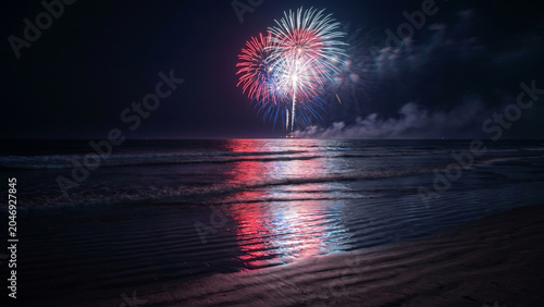 Patriotic Fireworks Over Ocean Beach for Fourth of July Night