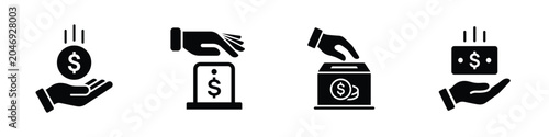 Collection of financial transaction icons showing hands handling money and donations with donation business transaction investment transfer