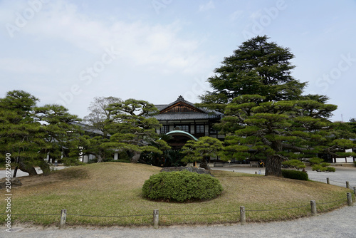 Traditional Japanese Garden With Historic Wooden House and Bonsai-Like Pine Trees Under Overcast Sky