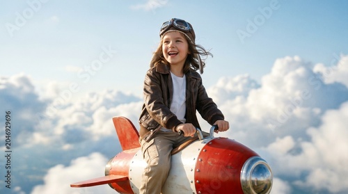 Child Pilot on Rocket Flight: A joyous young child, dressed as a pilot with goggles and a leather jacket, rides a red rocket through fluffy clouds under a bright blue sky.