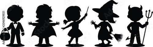 Foto Modern Kids Party Parade Emblem, Whimsical Autumn Holiday Banner Graphic, Spooky Halloween Children Costume Silhouette Lineup Set