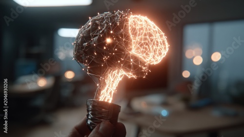 Illuminated digital brain structure emerges from a glowing filament inside an incandescent light bulb held by a hand