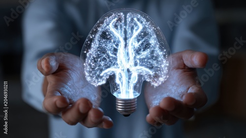 Illuminated complex neural network structure contained within a clear glass light bulb held in cupped hands