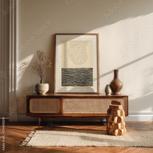 Interior scene showcases minimalist framed artwork resting atop a stylish wooden console with decorative objects.