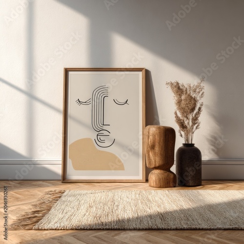 Minimalist abstract line art portrait leans against a pale wall with natural light creating dramatic shadows