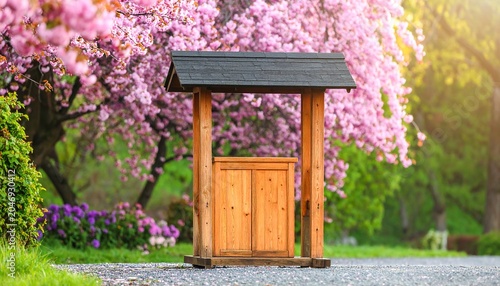 Wooden Well in Spring Garden.