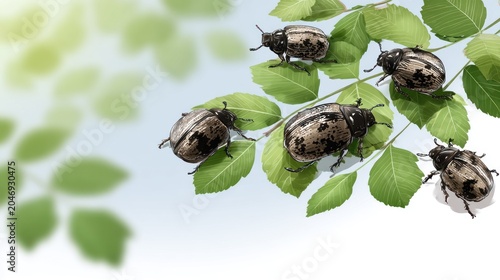 Several dark patterned scarab beetles resting on bright green foliage against a soft background.