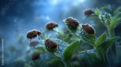 Numerous small, hairy insects crawl across vibrant green foliage under moody blue light.