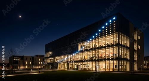 contemporary glass building glows with warm interior lights against a dark night sky, with a single star visible.