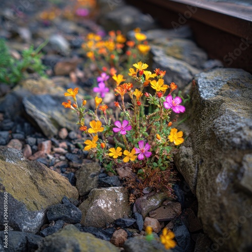 Small wildflowers bloom vibrantly among ballast stones beside a metal track edge