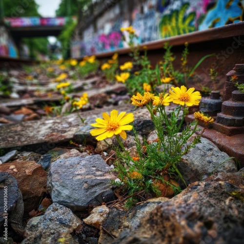 Bright yellow wildflowers bloom between neglected railway tracks surrounded by urban decay.