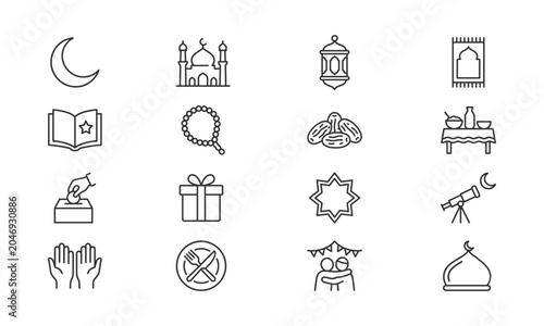 Ramadan kareem, islamic culture line icon set. arabic holiday thin outline symbols.