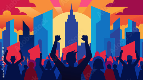 A vibrant crowd raises hands in unity under a glowing light show