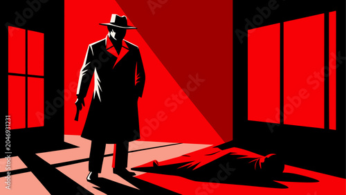 Tableau sur toile A lone figure stands in a stark, red-lit environment with geometric shadows