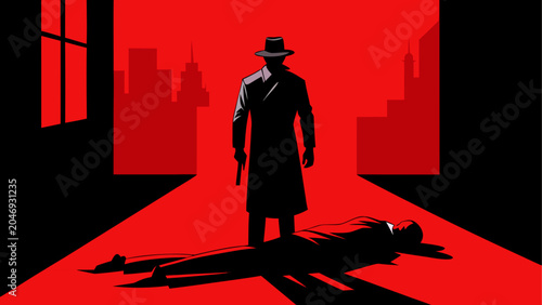 Bild auf Leinwand A lone figure stands in a shadowy alley under a dim red light
