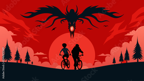 A dramatic emblem of a bat set against a fiery red background