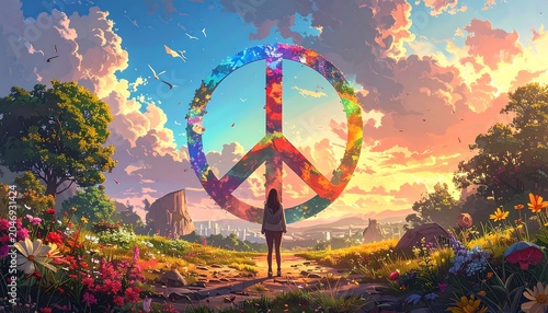 A vibrant sunset scene featuring a figure facing a giant, colorful peace sign. Lush foliage and flowers frame a pathway to a distant city