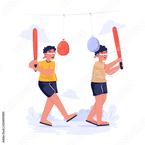 Water Balloon Hitting Game During Independence Day Celebration Vector Illustration