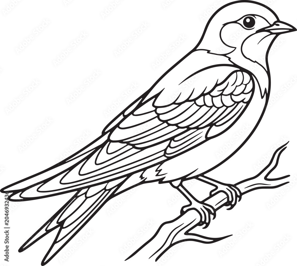 Fototapeta premium Detailed illustration of perched bird on bare branch in minimalist line art style