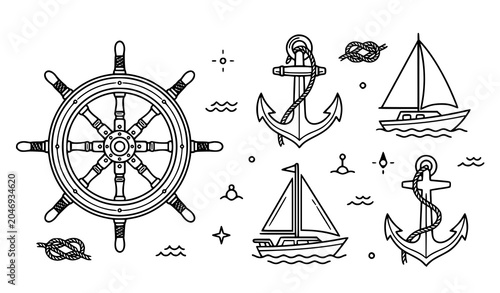 Canvastavla Nautical icons set with ship wheel anchors and sailboats