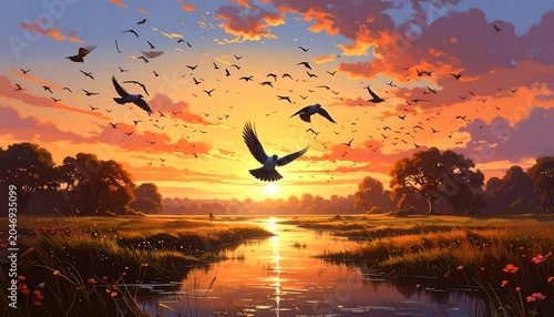 A vibrant sunset scene featuring birds in flight over a reflective river and a grassy field. Trees line the distant horizon