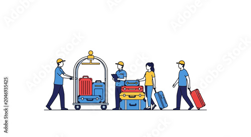 Obraz na plátne Hotel staff assisting guests with luggage on a trolley, travel concept illustrat